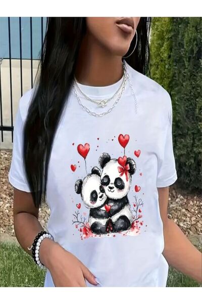 classy moda تي شيرت أبيض كبير الحجم مطبوع - رقبة دائرية، كم قصير