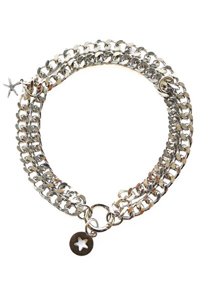 NATZIONE Büyük Irk Gümüş Çift Kat Köpek Zincir Tasma Kolye Aksesuar Paslanmaz (S:50-M:60-L:70 CM)