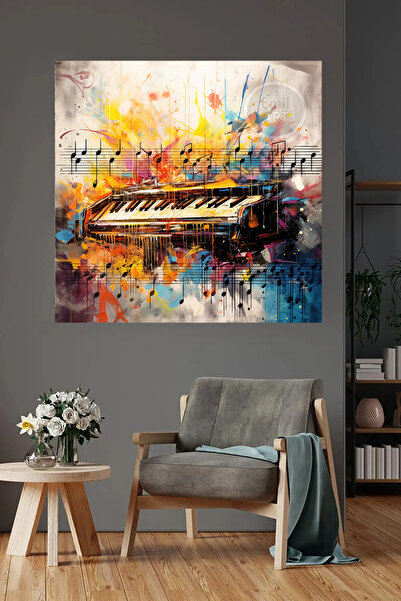 EMİLART Modern Müzik Notaları Ve Piyano Renkli Dekoratif Kanvas Tablo