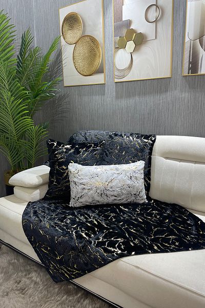 Paris Life Black Marble Patterned Rabbit Plush Sofa Cover and Shawl - Gold Foil Printed