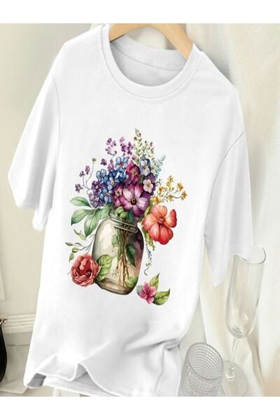 classy moda Μπλουζάκι με λευκή στάμπα Oversize - Crew Neck, κοντό μανίκι
