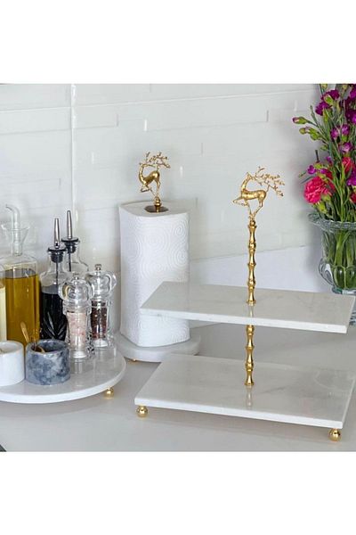 ege gross Natural Marble 2-Tier Decorative Marble Stand - Gold Deer Detailed