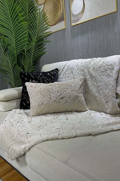 Paris Life Rabbit Plush Cream Marble Patterned Sofa Cover and Shawl - Gold Foil Printed