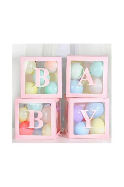 Bkmc 4 Boxes Pink Letter Patterned Baby Kit with Transparent Balloon Gift - 25 Cm