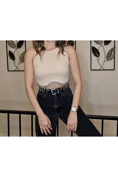 Butik Taş Rengi Sıfır Kol Taşlı Crop