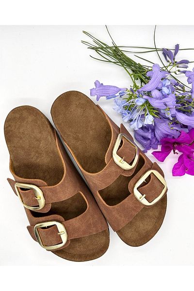 MAGGIO Women's Brown Double Buckle Slippers Comfortable Tan