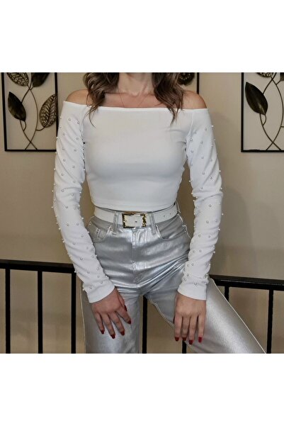 Butik Beyaz Kayık Yaka İncili Bluz