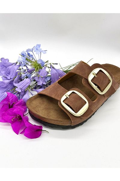 MAGGIO Women's Brown Double Buckle Slippers Comfortable Tan