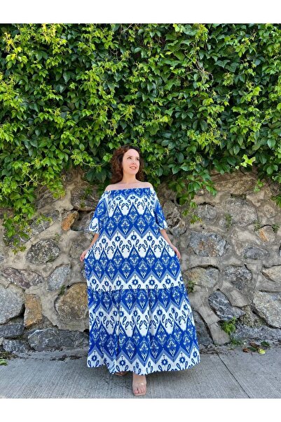 garajmood Plus Size Blue Ethnic Patterned Madonna Collar Dress