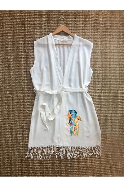 Kidilia Bamboo Sleeveless Peshtemal Kimono - With Anchor And Seahorse Image