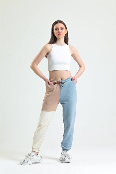 pulur.co Gök Mavisi Parçalı Lastikli Jogger Eşofman Altı