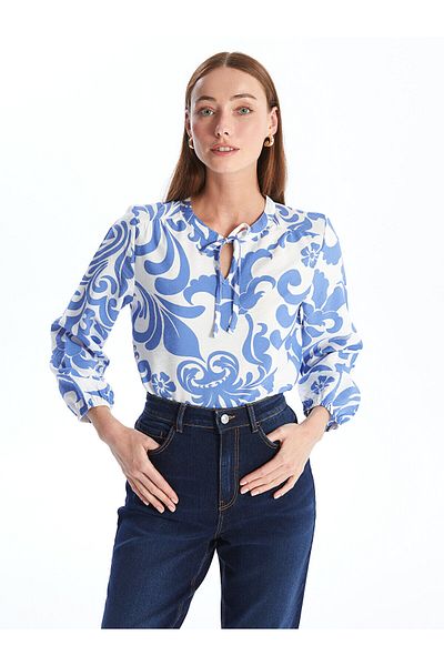 LC Waikiki LCW - Γυναικεία μακρυμάνικη μπλούζα με δεμένο γιακά και φλοράλ στάμπα