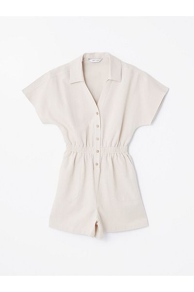LC Waikiki LCW Damen-Overall mit Hemdkragen und Leinenmischung, kurzärmlig
