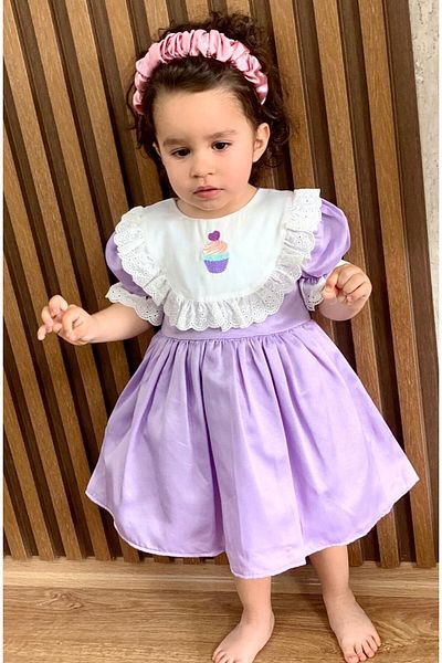 minikiti Girl's Baby Scalloped Flower Embroidered Lined Vintage Stylish Holiday Birthday Special Day Lilac Purple Dress