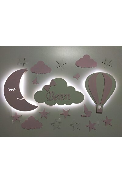fabrikahşap Çocuk Odası Dekoratif Ahşap Ay Bulut Balon Gece Lambası Ledli Ayd...