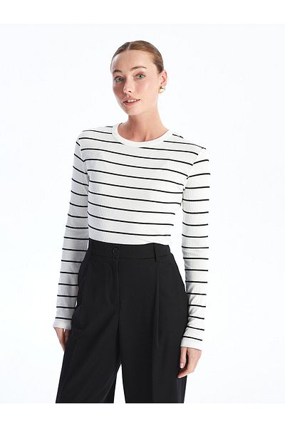 LC Waikiki LCW Damen-Bodysuit mit Streifen und Rundhalsausschnitt und langen Ärmeln