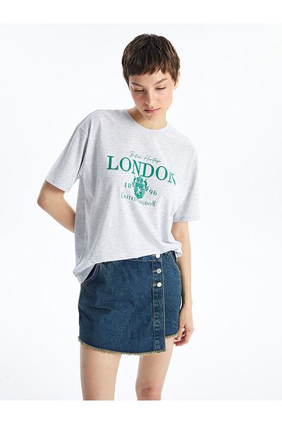 LC Waikiki LCW Oversize дамска тениска - кръгла яка, щампа, къс ръкав