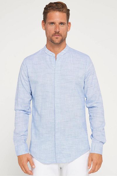 Tudors Navy Blue Slim Fit Men's Shirt - Long Sleeve, 100% Cotton Linen, Buttoned Collar