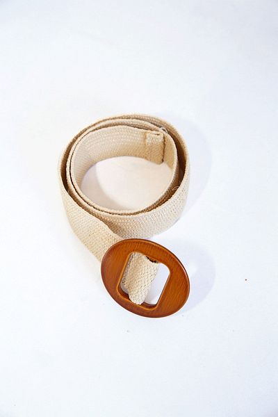 Sun Pieces Beige Jute Elastic Belt, Wooden Buckle Straw Belt, Summer Belt