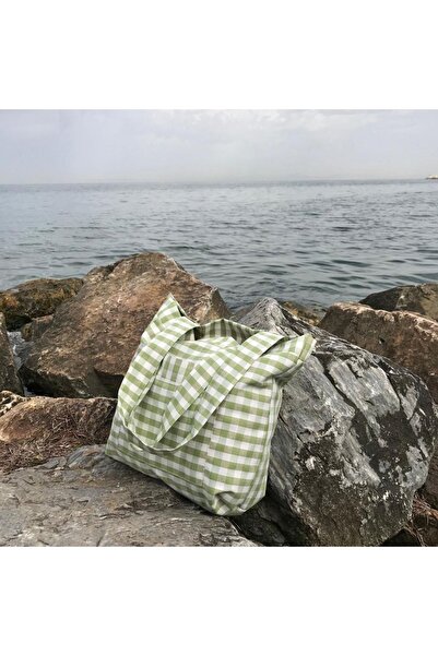 Sumicorn Design Yeşil Pötikareli Çevre Dostu Bez Çanta,cepli Keten Kol Ve Omuz Çantası,unisex Alışveriş Çantası