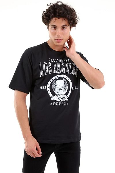 Mad&Calf Unisex Oversize Μαύρο μπλουζάκι με στάμπα Los Angeles