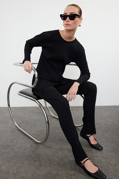 Trendyol Collection Flexible Corded Knitted Blouse and Trousers Set - Black Crew Neck TWOAW25AU00061