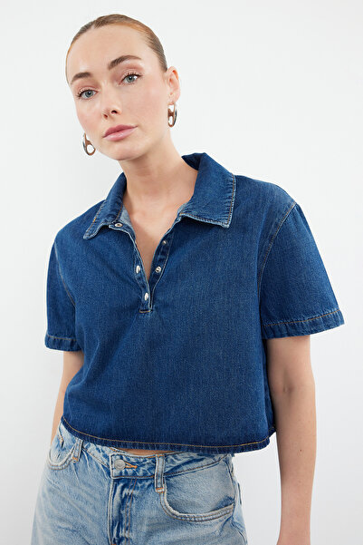 Trendyol Collection Cămașă albastră de blugi cu mânecă scurtă - TWOSS24GO00206