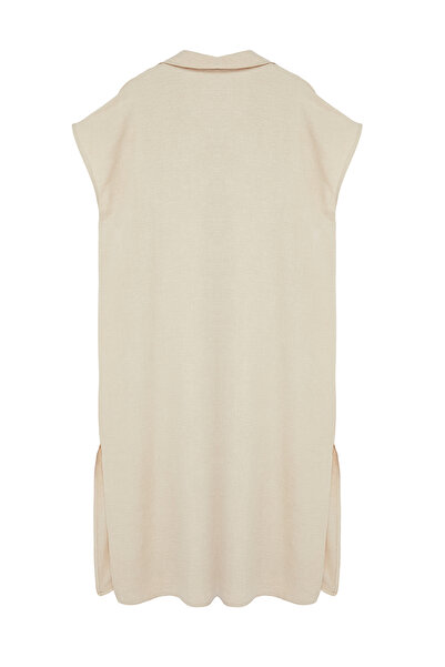 Trendyol Curve Cream Shirt Collar Slit Woven Plus Size Dress Tbbss24Ah00205
