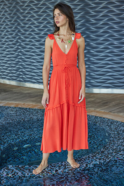 Trendyol Collection Orangefarbenes Maxi-Strandkleid mit gewebten Rüschen TBES...