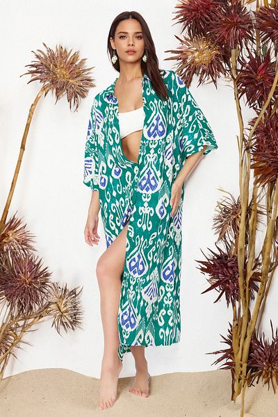 Trendyol Collection Ethnic Patterned Wide Fit Midi Woven Beach Dress TBESS24EL00145