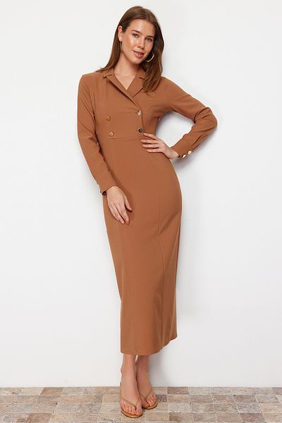 Trendyol Modest Λεπτομερές υφαντό φόρεμα Camel με διπλό γιακά με κουμπί TCTSS24EB00020
