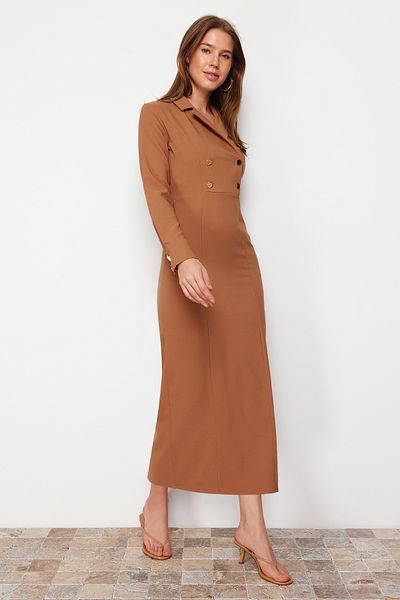 Trendyol Modest Λεπτομερές υφαντό φόρεμα Camel με διπλό γιακά με κουμπί TCTSS24EB00020