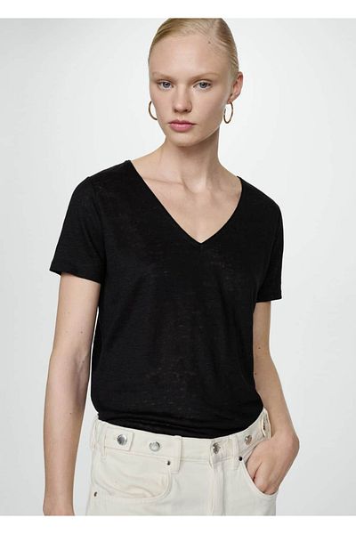 MANGO Woman Linen T-shirt with V-neck