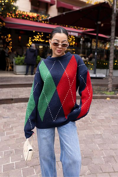 Askı Nişantaşı Red-navy blue Baklava Pattern Oversize Knitwear
