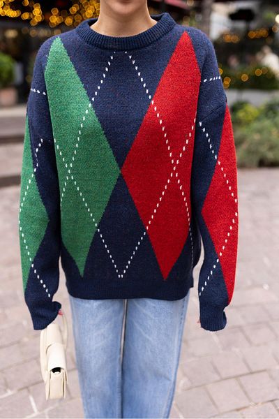 Askı Nişantaşı Red-navy blue Baklava Pattern Oversize Knitwear