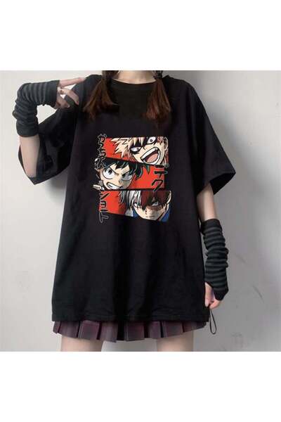 Touz Moda My Hero Academia Колаж Надрукований Чорний Унісекс Оверсайз Футболка