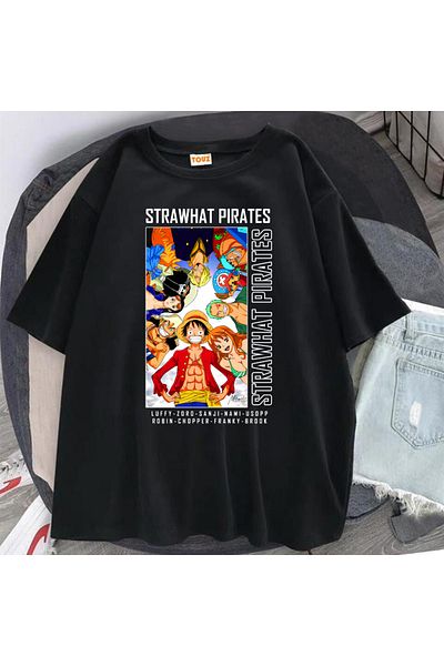 Touz Moda Harajuku Anime One Piece Strawhat Black Oversize T-Shirt