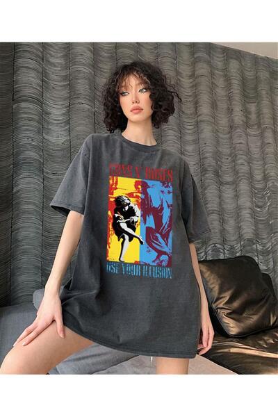 Touz Moda Yıkamalı Guns N' Roses Use Your Illusion Baskılı Unisex Oversize Es...