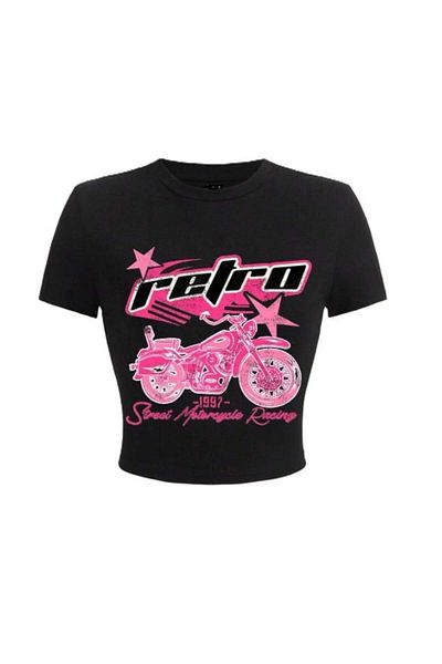 Touz Moda Y2k Letter &amp; Motorcycle Printed Black Crop