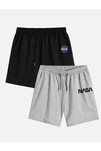 Boi Unisex 2'li Nasa Logo Baskılı Salaş Bol Kesim Penye Şort- Siyah Ve Gri Çi...