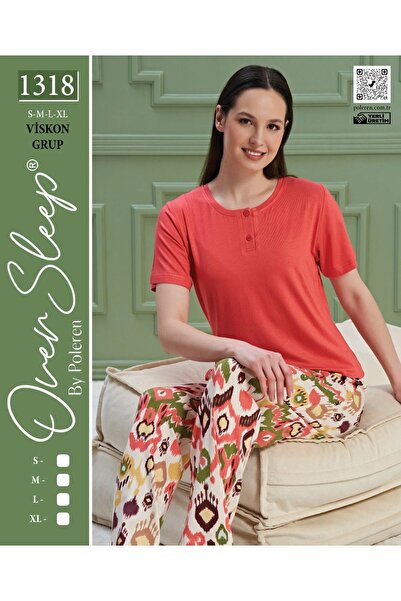 Over Sleep by Poleren Pomegranate Flower Colorful Crew Neck Short Sleeve Viscose Women's Pajamas Set