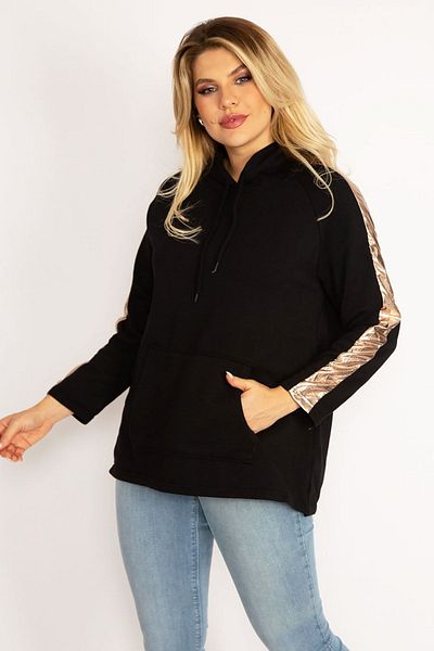 Şans Women's Large Size Black Sleeves Gold Stripe Detailed Hooded Kangaroo Pocket Sweatshirt 65n34671
