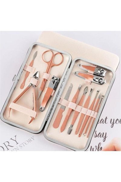 Kherion 12 Piece Pink Steel Manicure Set with Beige Bag