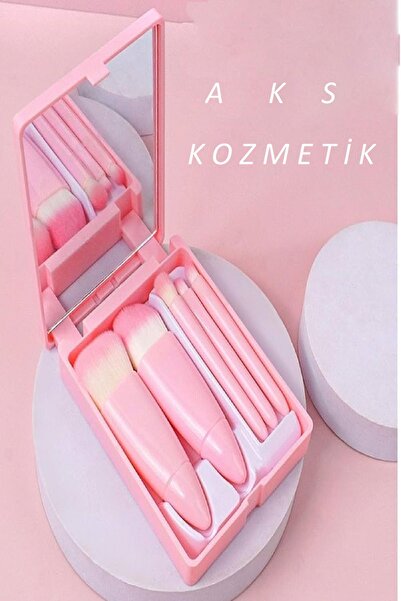 aks kozmetik PEMBE Taşınabilir Aynalı 5'li Makyaj Fırça Seti Göz Farı, Fondöten, Allık Karıştırma,