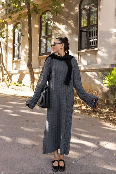 Askı Nişantaşı Anthracite Crew Neck Hair Braided Knitwear φόρεμα 101-01382