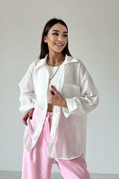 ms perry Kadın Keten Dokulu Oversize Gömlek