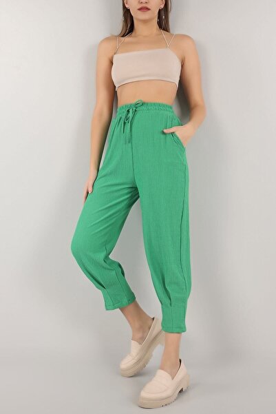 KaSheHa Yeşil Paçası Büzgülü Beli Lastikli Bağcıklı Krinkıl Bürümcük Seul Kum...