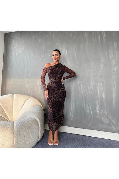 BETULAKSUBUTİK Colorful Leopard Tulle Shoulder Detailed Stylish Dress