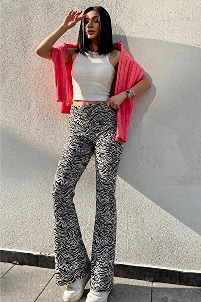 KaSheHa Ekru-siyah Krep Kumaş Zebra Desenli Likralı Yüksek Bel Toparlayıcı Ispanyol Paça Tayt Pantolon