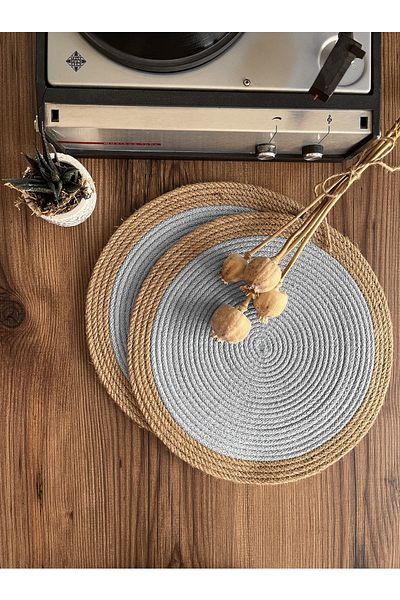 KARNAVAL HOME Volonte Bordered Gray Jute American Service 2-Piece Knitted Wicker Plates
